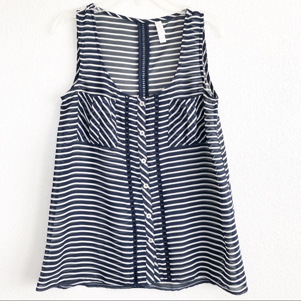 Xhilaration Striped Navy Blue & White Sheer Top XS
